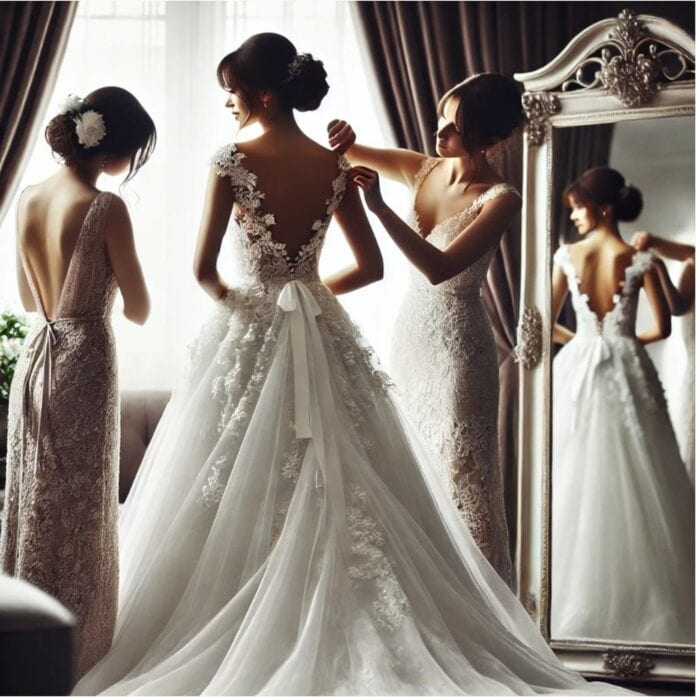 Braut beim Anziehen des Hochzeitskleides, assistiert von der Trauzeugin
