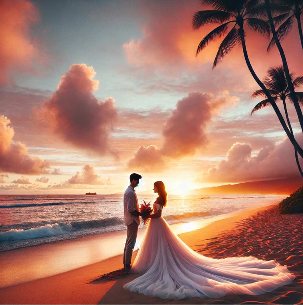 Braut und Bräutigam am Strand bei Sonnenuntergang