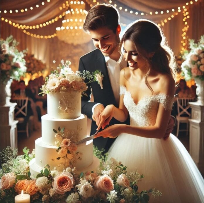 Braut und Bräutigam beim Anschneiden einer floralen Hochzeitstorte