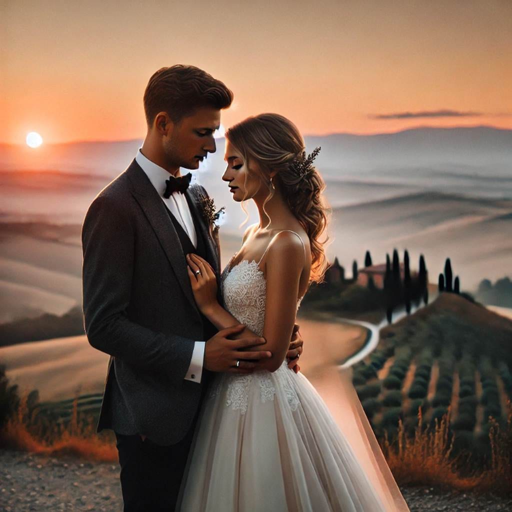 Braut und Bräutigam vor Sonnenuntergang in der Toskana