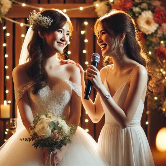 Braut und Trauzeugin bei Hochzeitsrede