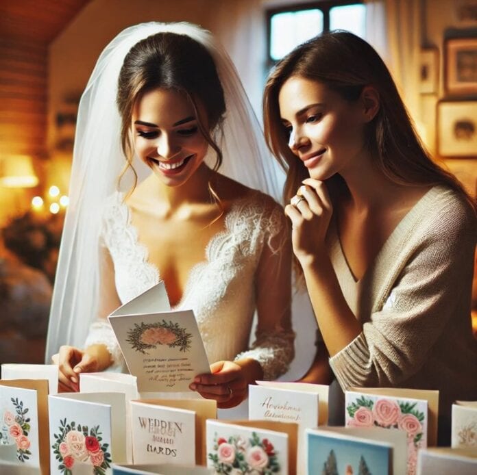 Braut und Trauzeugin bei der Auswahl von Hochzeitskarten