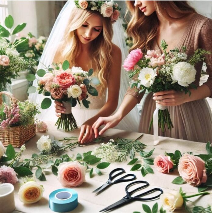 Braut und Trauzeugin beim Erstellen von Blumenarrangements