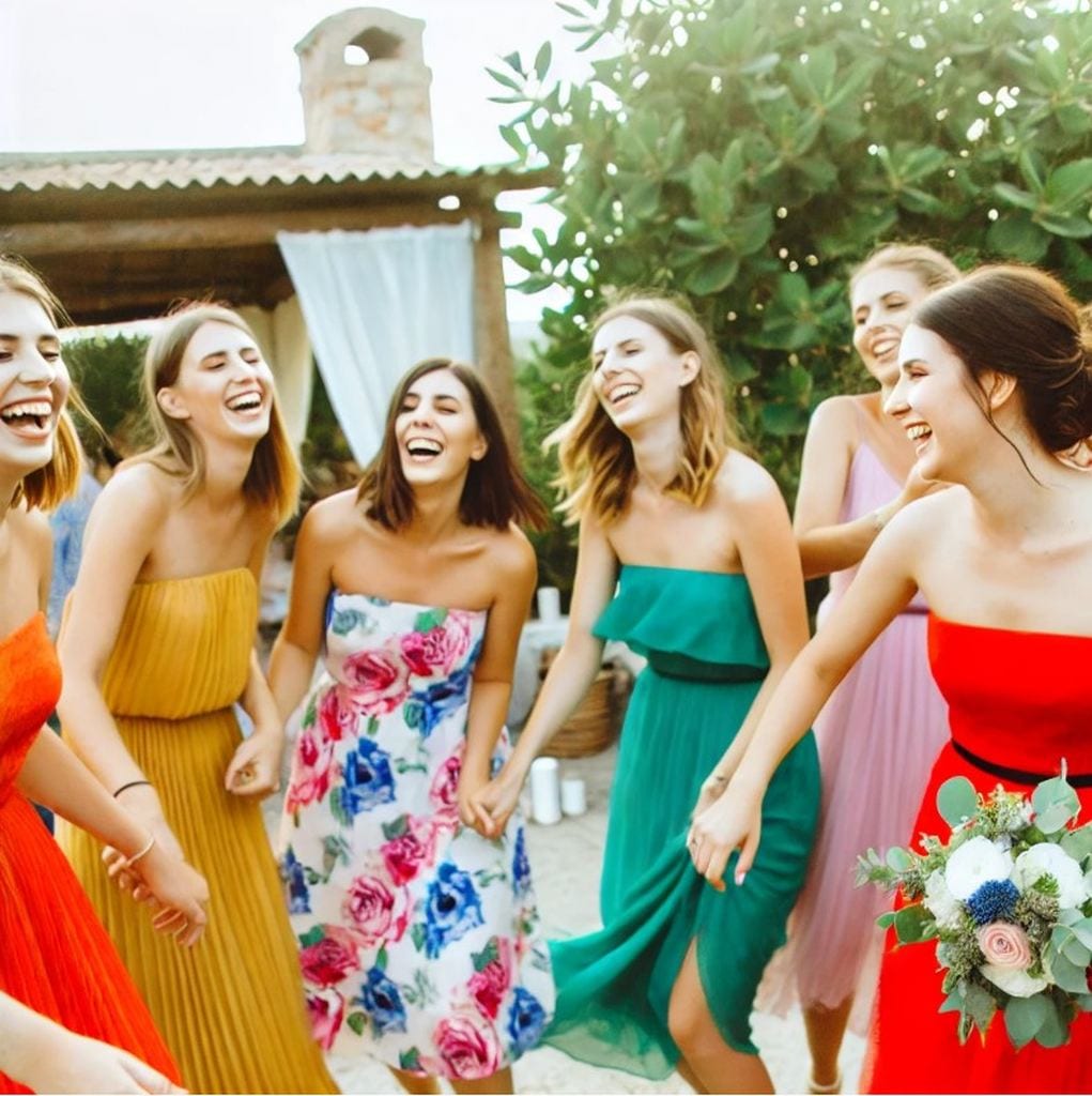 Brautjungfern lachen und tanzen