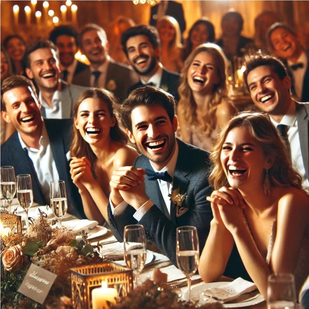 Gäste lachen bei Hochzeitsrede