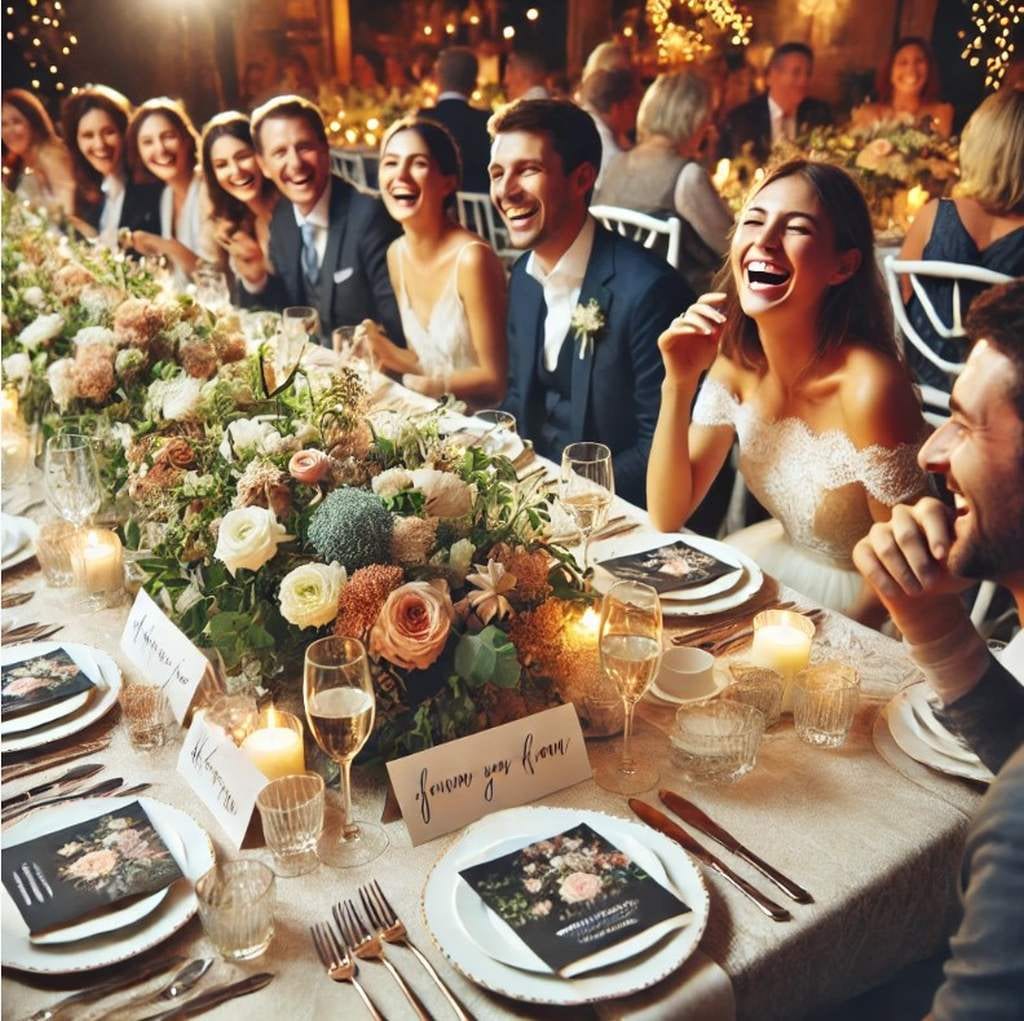 Gäste sitzen um eine schön dekorierte, personalisierte Hochzeitstafel und lachen