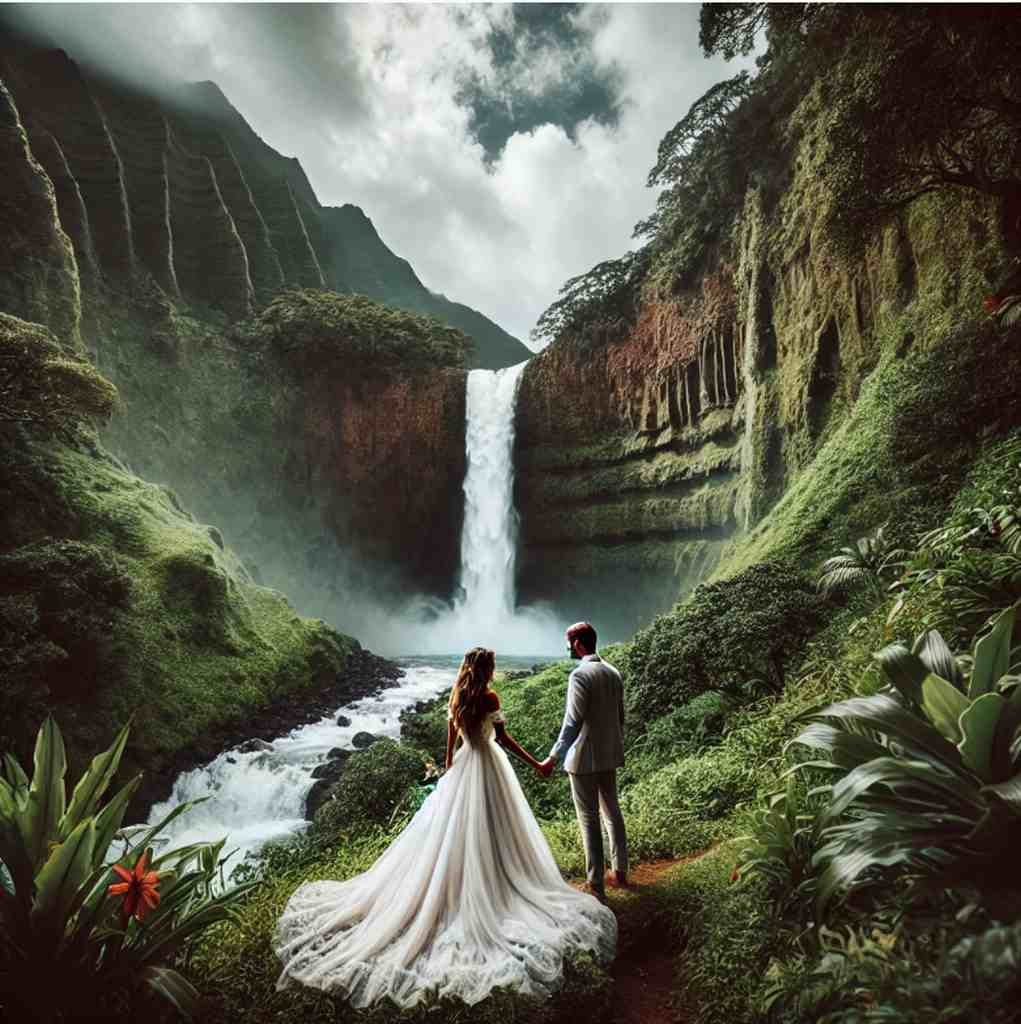 Hochzeitspaar bei Wasserfall in Hawaii