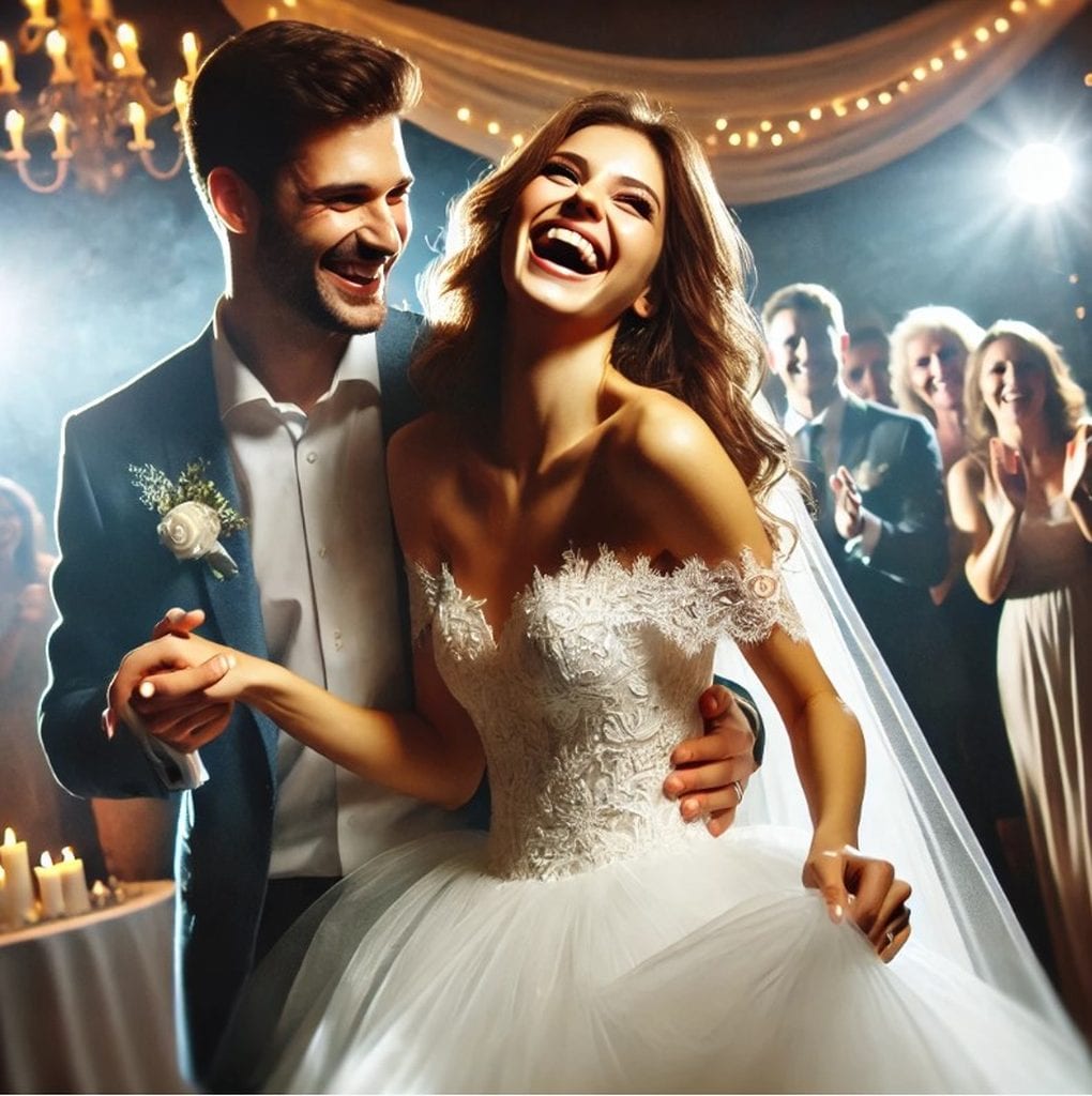 Hochzeitspaar lachend auf der Tanzfläche, das Brautkleid bleibt makellos