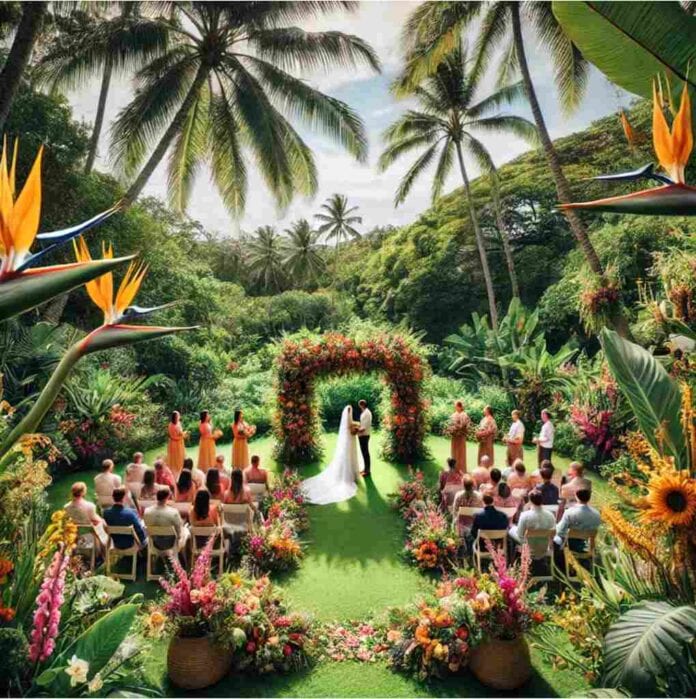 Hochzeitszeremonie im tropischen Garten