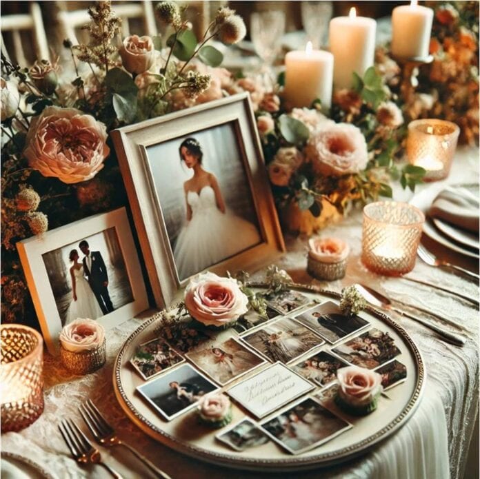 Nahaufnahme einer Hochzeitstafel mit Fotos und Blumenarrangements als Dekoration