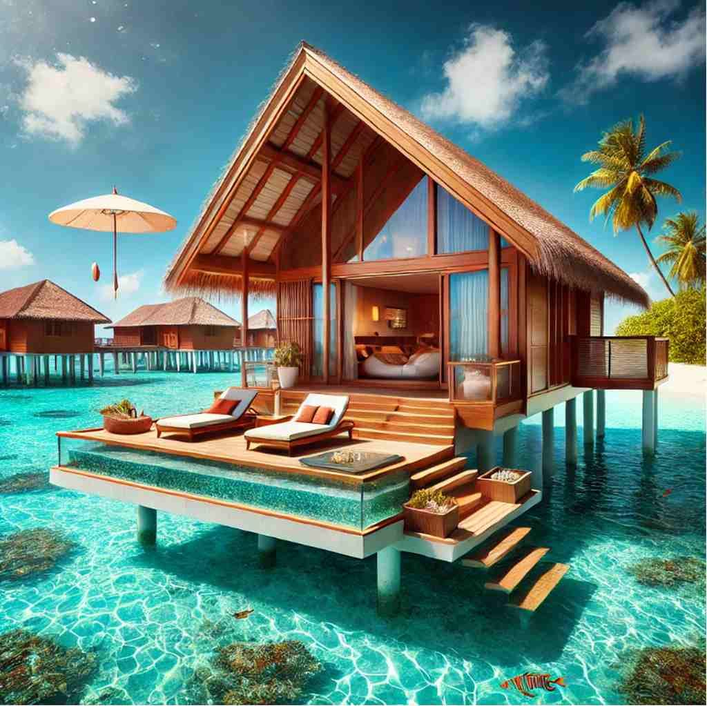 Overwater-Bungalow mit türkisfarbenem Wasser