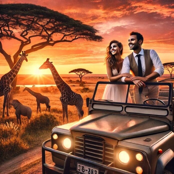 Paar auf einer Safari bei Sonnenuntergang