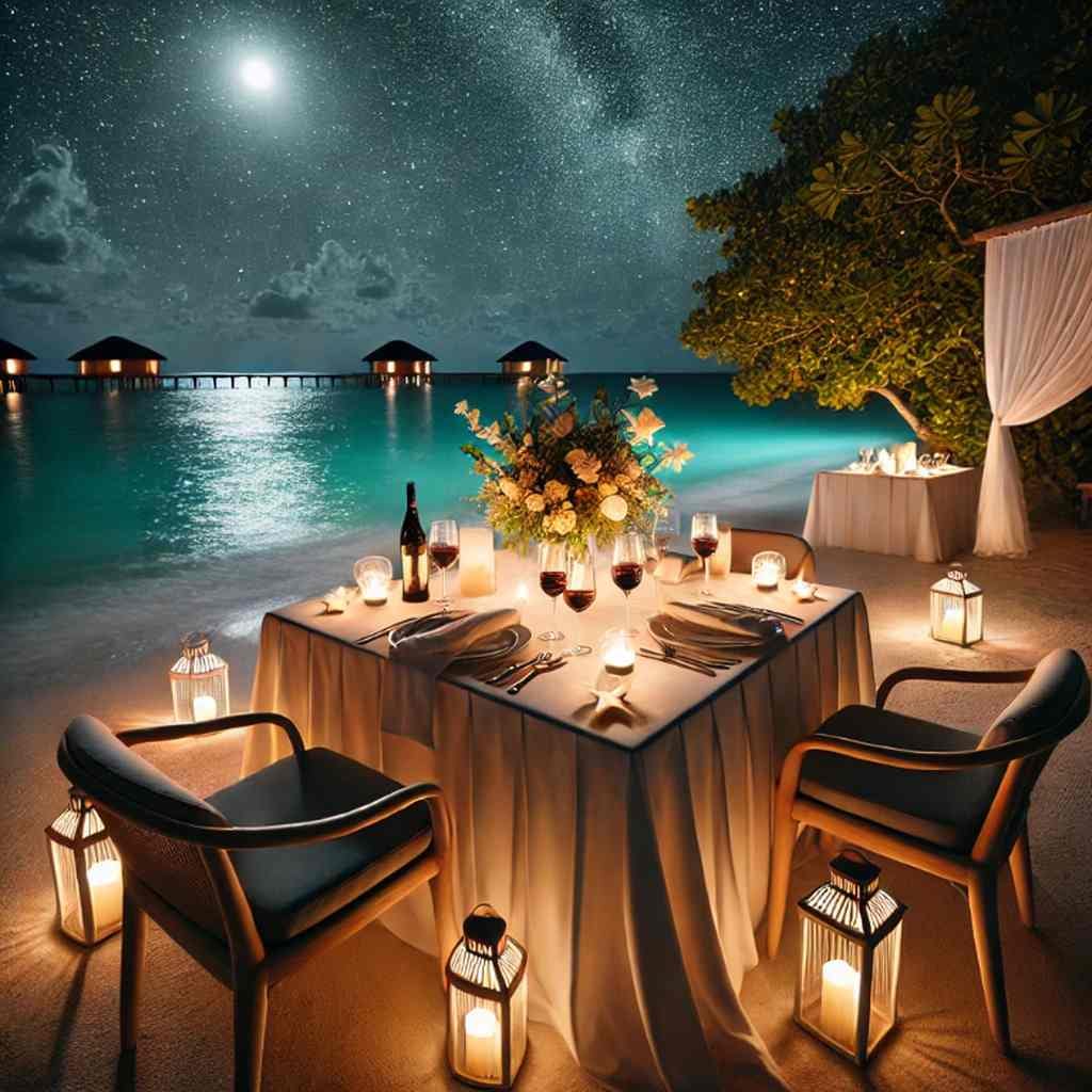 Romantisches Dinner am Strand unter Sternenhimmel