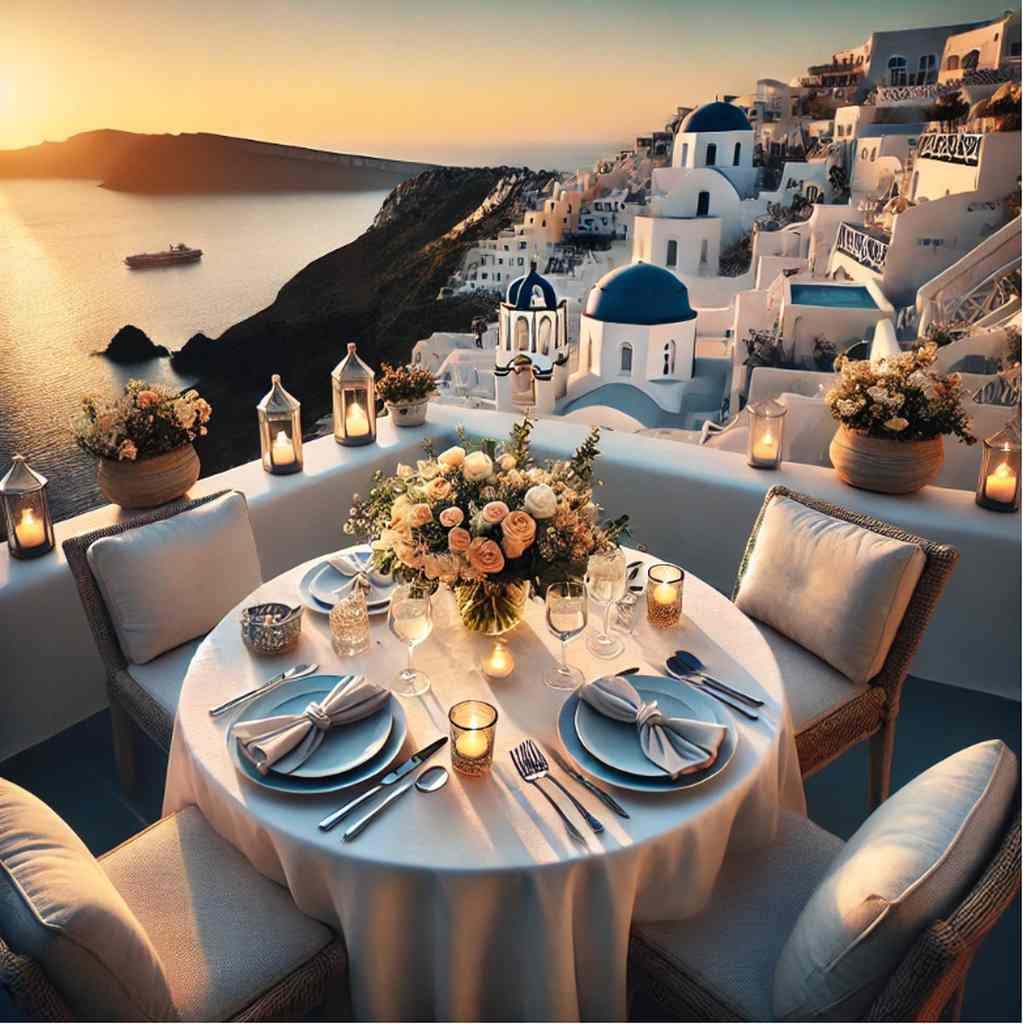 Romantisches Dinner auf einer Terrasse mit Meerblick