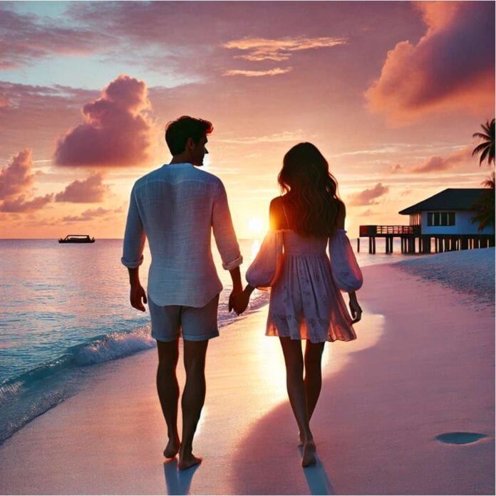 Sonnenuntergang am Strand mit einem verliebten Paar