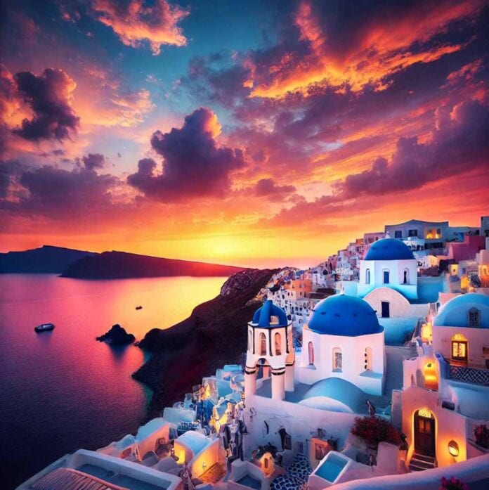 Sonnenuntergang in Oia mit Blick auf die Caldera