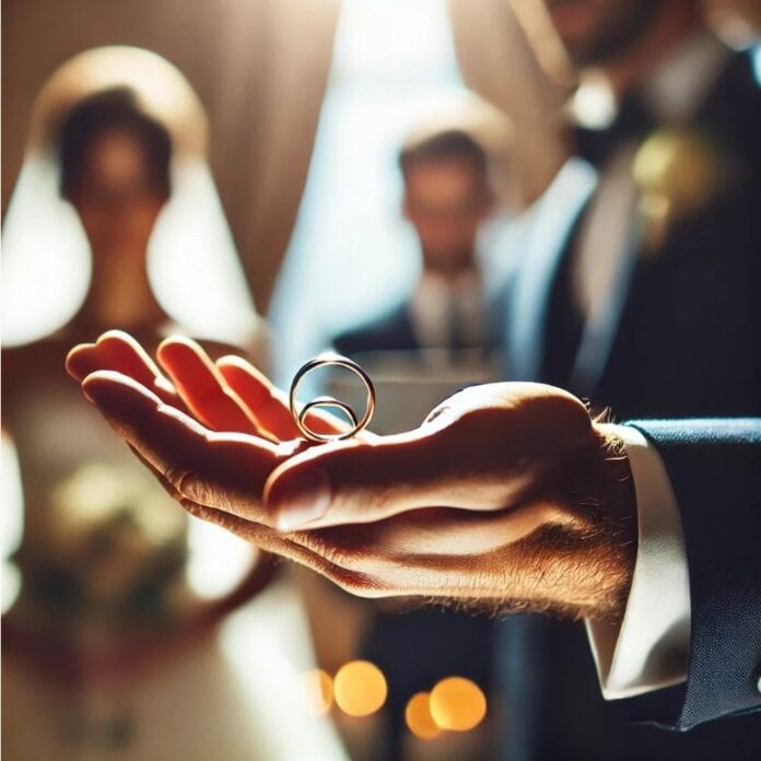 Trauzeuge hält Eheringe beim Trauakt