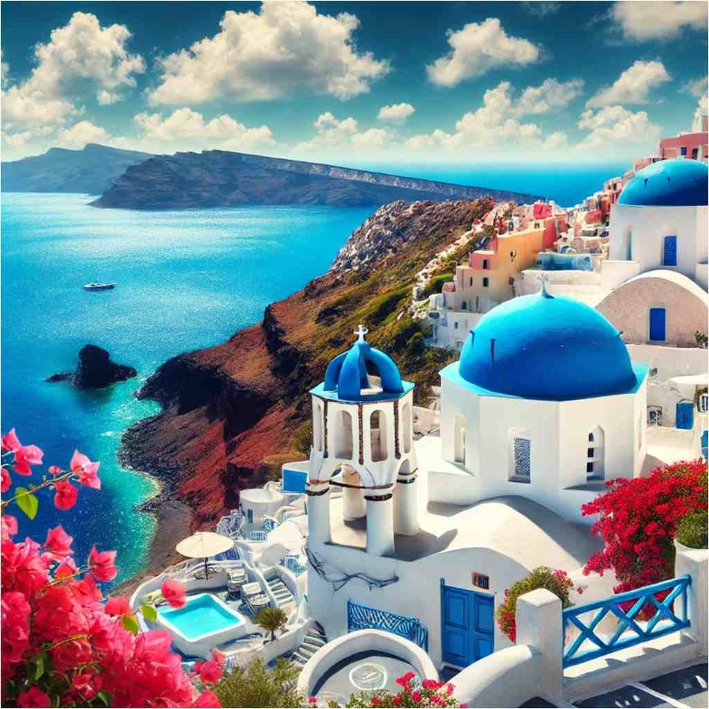 Weißes Haus mit blauer Kuppel und Meerblick