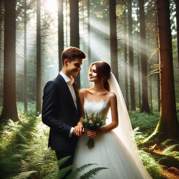 romantische Hochzeitspaar im Wald