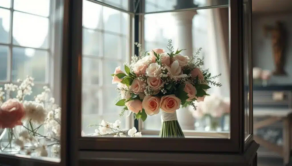 Brautstrauß in einer Vitrine