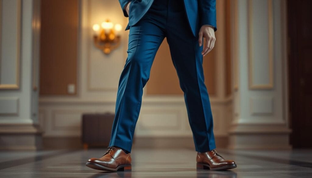 eleganter blauer Anzug mit braunen Schuhen