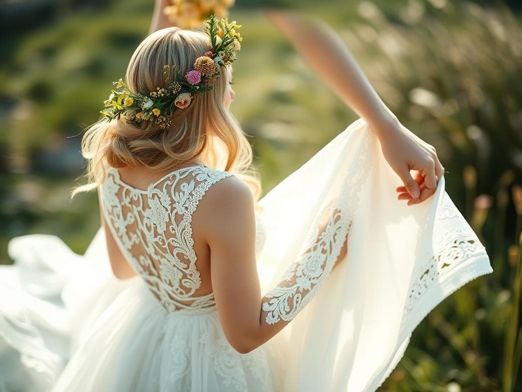 Boho Brautkleid mit Blumenkranz