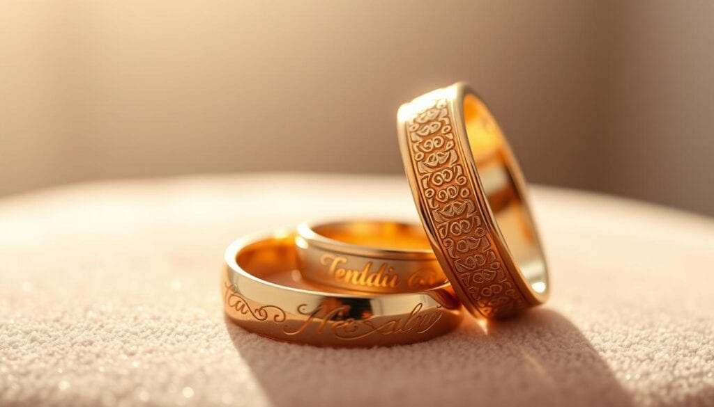 Glänzende Goldringe mit Gravur