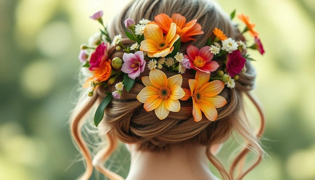 Brautfrisur mit Blumen Pflege
