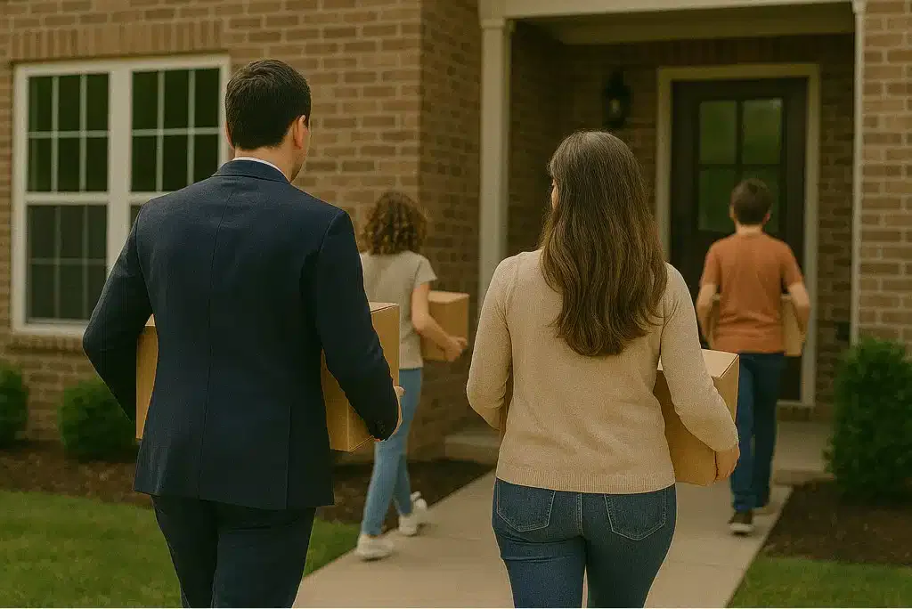 Patchworkfamilie vor ihrem neuen Haus