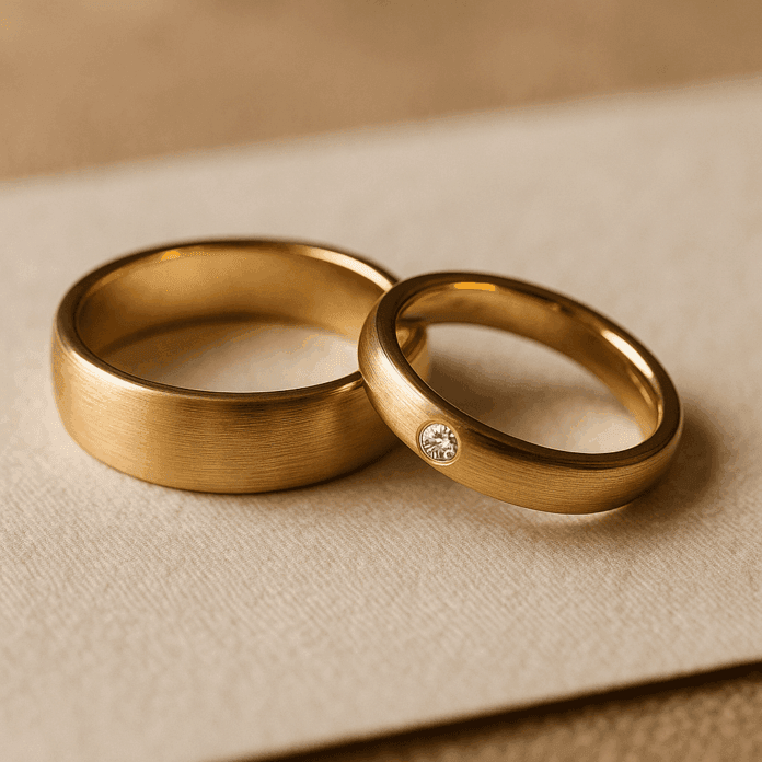 Goldene Ringe mit Diamant auf Stoffhintergrund