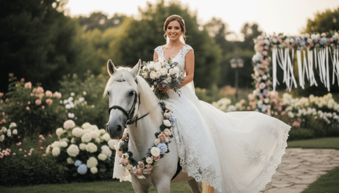 Braut auf Pferd zur Hochzeit