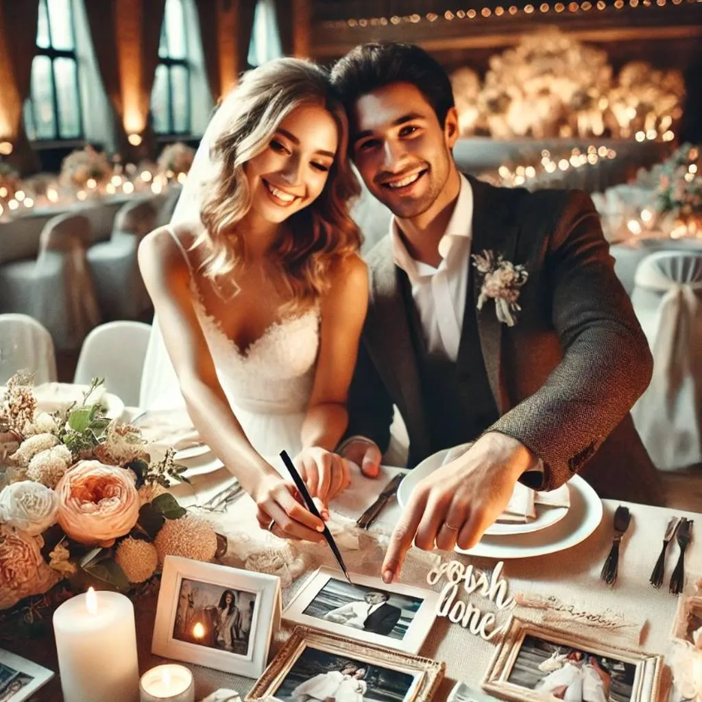 Braut und Bräutigam dekorieren gemeinsam ihre Hochzeitstafel mit persönlichen Details