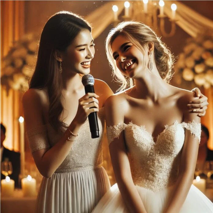 Braut und Trauzeugin bei Hochzeitsrede