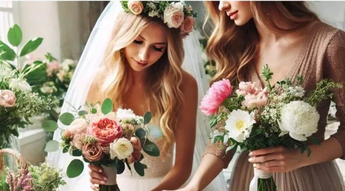 DIY-Blumenarrangements für den Hochzeitstisch: Kreative Ideen für euren großen Tag Braut und Trauzeugin beim Erstellen von Blumenarrangements