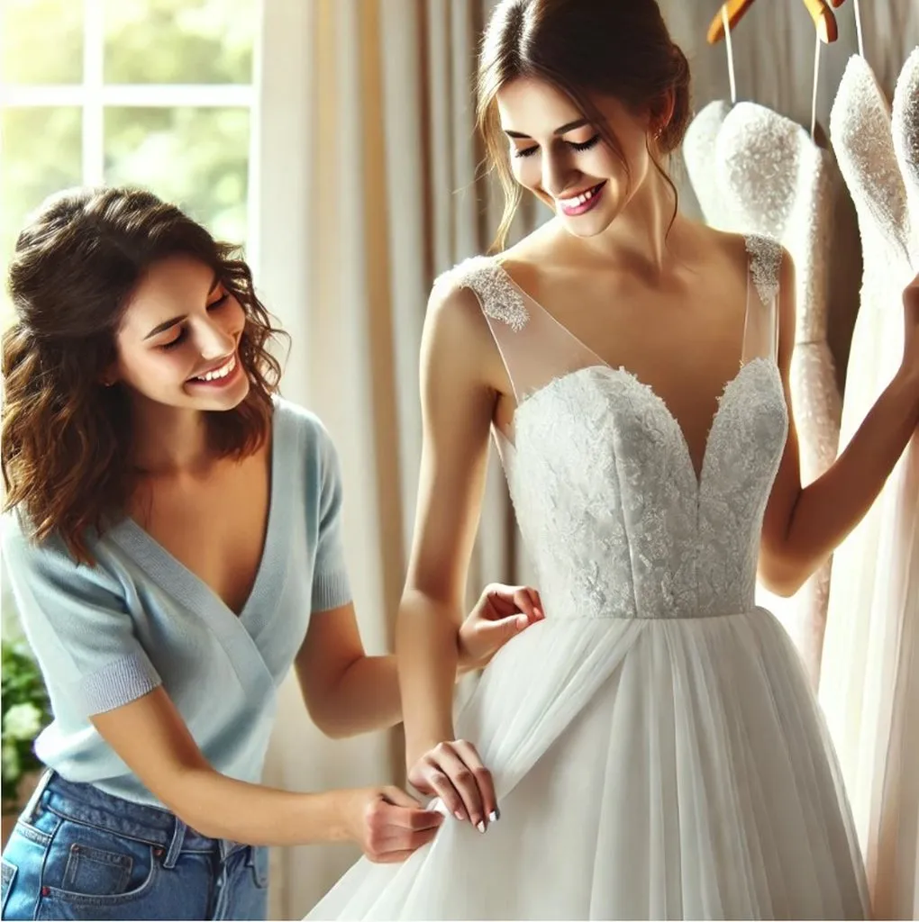 Braut und Trauzeugin, wie sie gemeinsam das Brautkleid für die Hochzeit vorbereiten