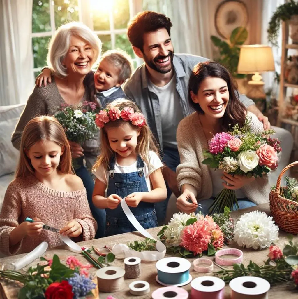 Familie beim gemeinsamen Basteln von Hochzeitsdekorationen