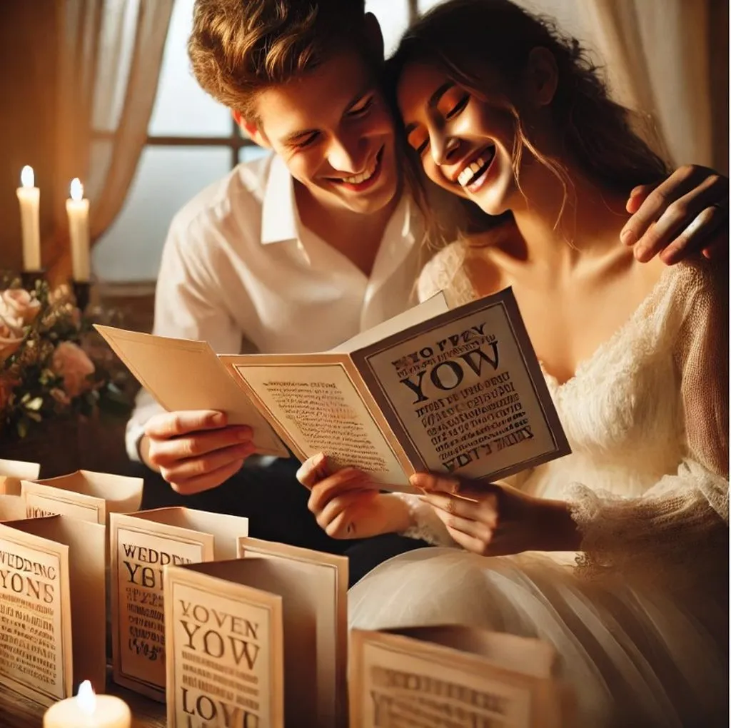 Hochzeitspaar beim Lesen von Hochzeitskarten, lachend und glücklich