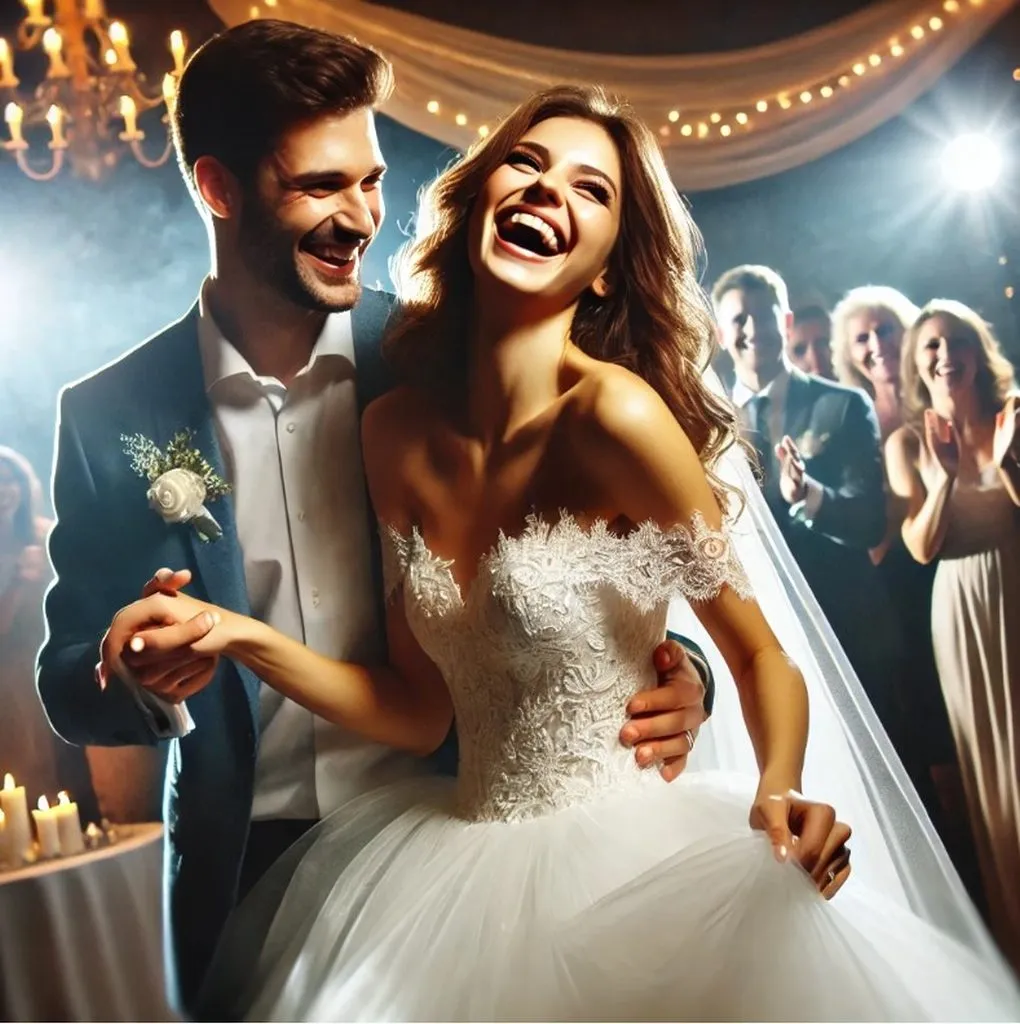 Hochzeitspaar lachend auf der Tanzfläche, das Brautkleid bleibt makellos