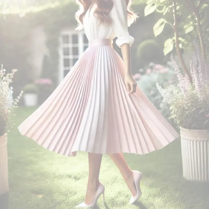 Ein eleganter Midirock in Pastellfarben, kombiniert mit einer weißen Bluse und klassischen High Heels, perfekt für eine Sommerhochzeit.