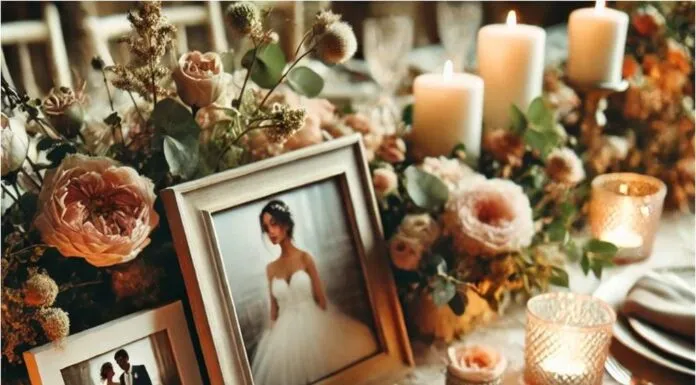 Personalisierte Hochzeitstafel: So machst du sie einzigartig Nahaufnahme einer Hochzeitstafel mit Fotos und Blumenarrangements als Dekoration