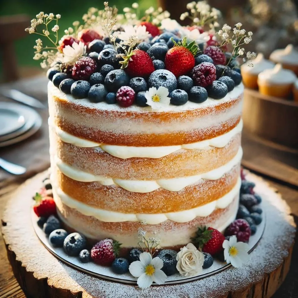 Nahaufnahme einer Hochzeitstorte im Naked Cake Stil mit frischen Beeren