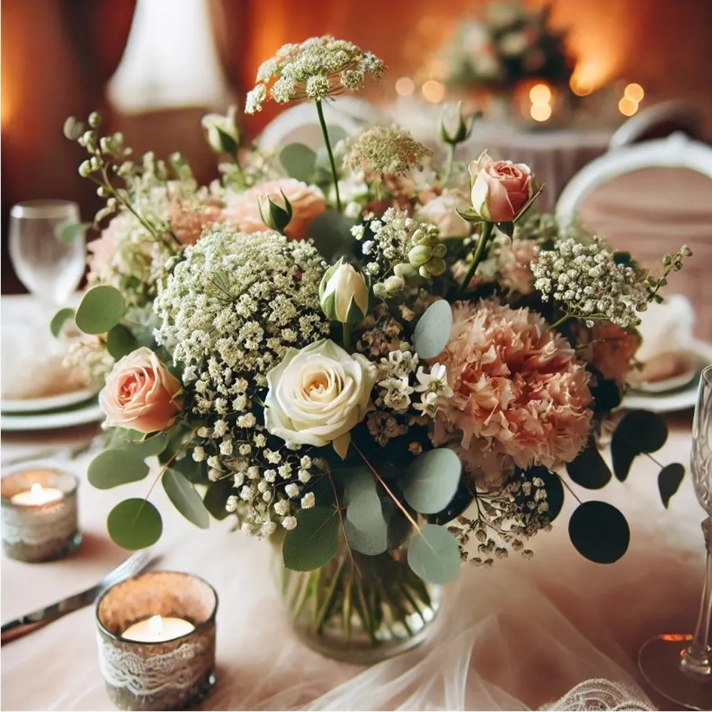 Nahaufnahme eines Hochzeitstisches mit selbstgemachtem Blumenarrangement