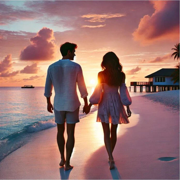 Sonnenuntergang am Strand mit einem verliebten Paar Sonnenuntergang am Strand mit einem verliebten Paar