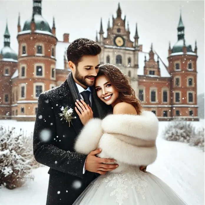 Winterhochzeit in Wesenberg mit verschneitem Schloss