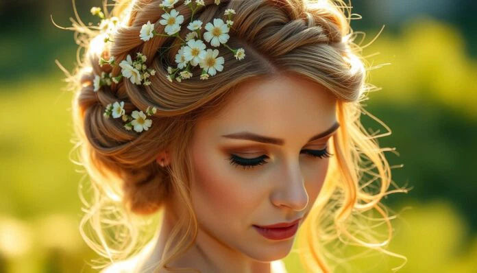 Brautfrisur-halboffen-geflochten-mit-Blumen Brautfrisur halboffen geflochten mit Blumen