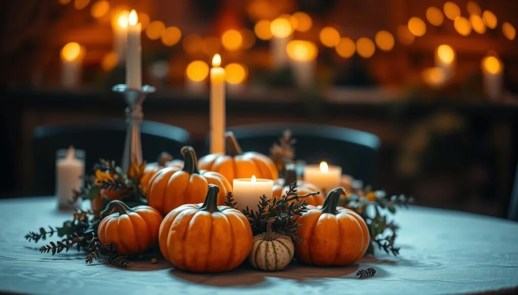 Stimmungsvolle Dekoration mit Kürbissen und Kerzen Stimmungsvolle Dekoration mit Kürbissen und Kerzen